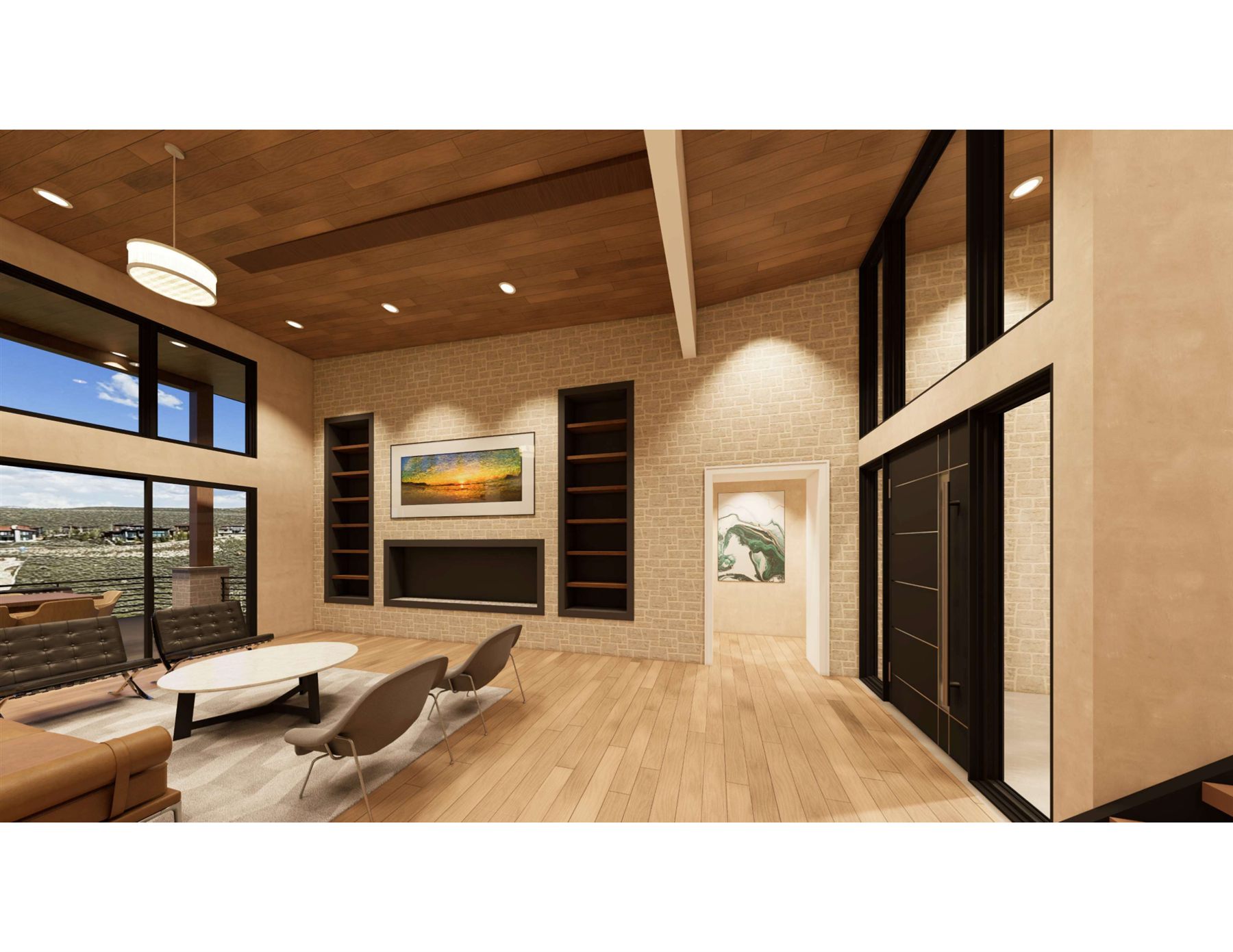 Great room interior rendering of the Promontory Painted Shores spec home
