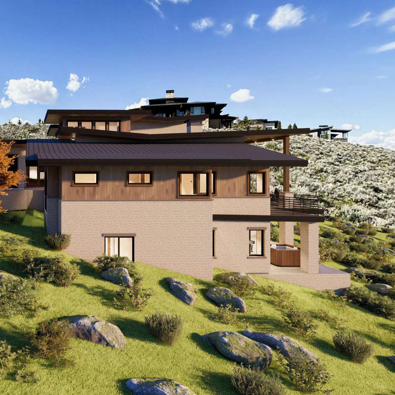 Rear deck exterior rendering of the Promontory Painted Shores spec home